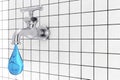 Chrome Water Tap with Blue Water Drop in front of Tiles Wall. 3d Rendering Royalty Free Stock Photo