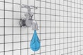 Chrome Water Tap with Blue Water Drop in front of Tiles Wall. 3d Rendering Royalty Free Stock Photo