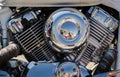 Chromed chopper motorcycle engine closeup Royalty Free Stock Photo