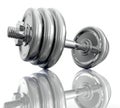 Chromed dumbbell in close up side view.