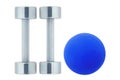 Chromed fitness dumbbells and blue ball isolated on white