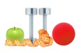 Chromed fitness dumbbells, measure tape red ball and green apple