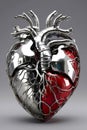 Chromed metal human heart with blood vessels made of iron pipes isolated on neutral background Royalty Free Stock Photo