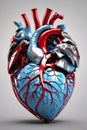 Chromed metal human heart with blood vessels made of iron pipes isolated on neutral background