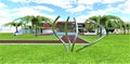 Chromed metal installation on a green meadow in the yard of a wonderful modern estate. The sidewalk is paved with red brick with a