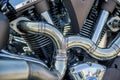 Chromed motorcycle engine parts with exhaust pipes, Motorcycle Engine,close-up Royalty Free Stock Photo