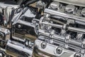 Chromed motorcycle engine parts with exhaust pipes, Motorcycle Engine,close-up Royalty Free Stock Photo