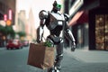 The chromed robot carries a paper ecological bag with products. AI generated