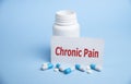 CHRONIC PAIN text on medical card with pills on blue background