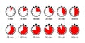 Chronometer deadline symbols with red filling. Timer, stopwatches icons on white background. Circle clocks collection