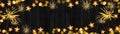 Christmas celebration decoration background banner panorama - Frame made of golden star light chain and bokeh lights on dark black Royalty Free Stock Photo