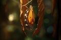 chrysalis hanging from a leaf with butterfly emerging