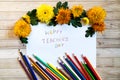 Chrysantemum happy teacher`s day anniversary autumn bouquet copy space blanc paper pencils colored colorful mock up
