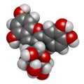 Chrysanthemin plant pigment molecule. 3D rendering. Atoms are represented as spheres with conventional color coding: hydrogen