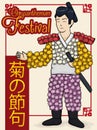 Chrysanthemum Doll with a Traditional Japanese Man Celebrating Chrysanthemum Festival, Vector Illustration
