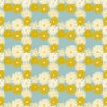 Chrysanthemum flower abstract silhouettes seamless pattern. White and yellow botanic shapes on light blue background Royalty Free Stock Photo