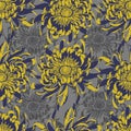 Chrysanthemum flower Bloom Seamless pattern. Grey, blue, yellow Royalty Free Stock Photo