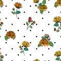 Chrysanthemum flower cartoon, orange and yellow, and red roses, cartoon  over black polka dots Royalty Free Stock Photo