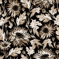 Chrysanthemum flowers in earth colors natures calm seamless pattern.
