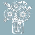 Chrysanthemum in a jar of water. Vector illustration. Paper flower, stickers. Laser cut. Template for Plotter. Pattern for the