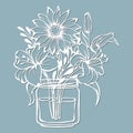 Chrysanthemum and Lily in a jar of water. Vector illustration. Paper flower, stickers. Laser cut. Template for Plotter. Pattern