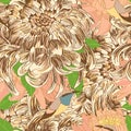 Chrysanthemum sketch bird decor seamless pattern