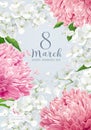 Chrysanthemums and Apple blossom for 8 March vector greeting car Royalty Free Stock Photo