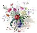 Chrysanthemums and asters in a vase, watercolor.