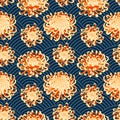 Chrysanthemums seamless pattern. Japanese seigaiha ornament. Elegant wavy print for textiles, packaging. Vector illustration