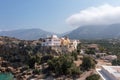 Chrysoskalitissa Monastery built up on rock, Chania town Creete island, Greeece. Aerial drone view