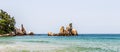 Panorama of Candlestick Rock, korean Chotdaebawi with clips and coastline. Donghae, Gangwon Province, South Korea, Asia