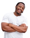 Chubby african american man smiling against isolated white background Royalty Free Stock Photo