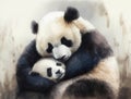 A chubby baby panda snuggled up in the arms of its mother. Cute creature. AI generation