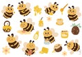 Chubby bees and Honey set. Bee cartoon cute drawing. Royalty Free Stock Photo