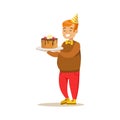 Chubby Boy With Big Cake, Kids Birthday Party Scene With Cartoon Smiling Character Royalty Free Stock Photo