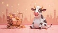Chubby Cartoon Cow with Eid Gift Boxes Cart Festive Indoor Setting Royalty Free Stock Photo