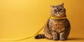 Chubby cat with measuring tape, concept of weight management and pet health, on yellow background. Royalty Free Stock Photo