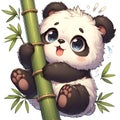 A chubby and clumsily panda cub, climbs a bamboo stalk, cute animal design, cartoon, digital anime art, white background