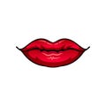 Chubby female lips with glossy red lipstick. Beautiful woman s mouth. Flat vector element for sticker, postcard or