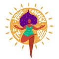 Chubby girl in yoga pose with outstretched arms and gyan mudra with quote
