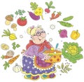 Funny granny cooking a soup with vegetables