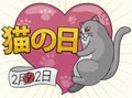 Chubby Gray Kitty Hugging a Heart Celebrating Japanese Cat Day, Vector Illustration