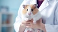 A chubby hamster is being held by a veterinarian in an animal hospital veterinary. A close-up realistic picture of an exotic pet.