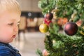 Chubby male child behind Christmas tree