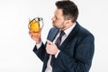 Man in formal wear holding glass of beer with glasses on isolated on white Royalty Free Stock Photo