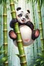 A chubby panda cub clumsily climbs a bamboo stalk, with a cute expression, stunning bamboo forest, cartoon, anime art, animal