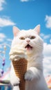 Chubby White Short-Haired Cat Eating Ice Cream on Sky Background. Generative ai