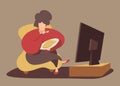 Chubby woman eating in front of the tv. Vector illustration