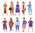 Chubby woman. Happy plump girls, isolated cartoon fashion pretty women. Plus size characters, fat body in diverse casual