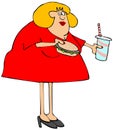 Chubby woman holding a burger and soft drink